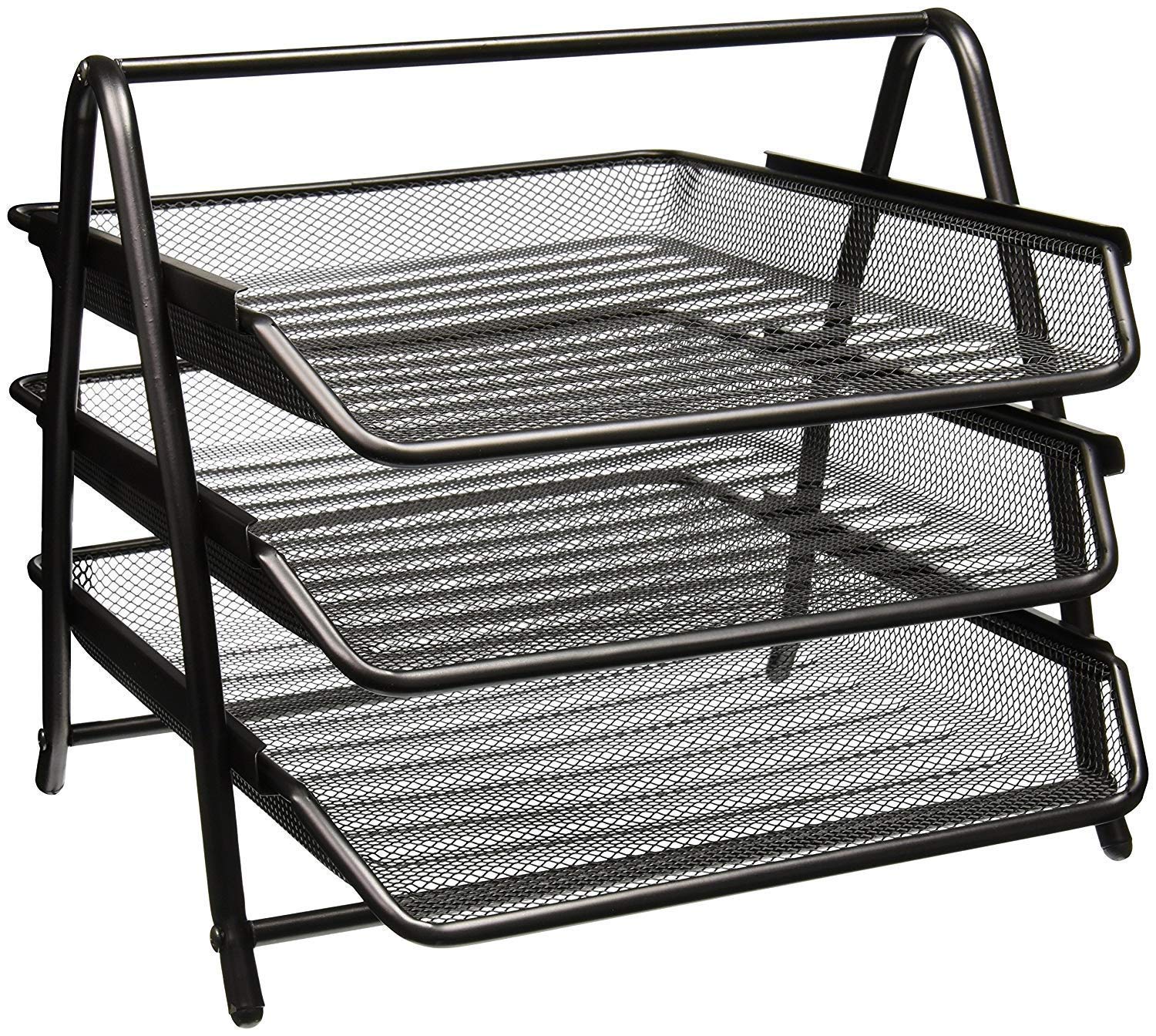 3-Tier Mesh Metal Desk Organiser File Rack | A4 Letter Tray Document Holder | 3 Layer Metal File Paper Magazine Organizer for Office Home Desktop (Black)