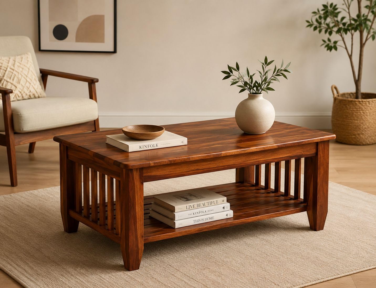 AASALIYA Wooden Center Coffee Table with Storage | Solid Sheesham Wood Centre Table for Living Room, Drawing Room & Office | Honey Finish