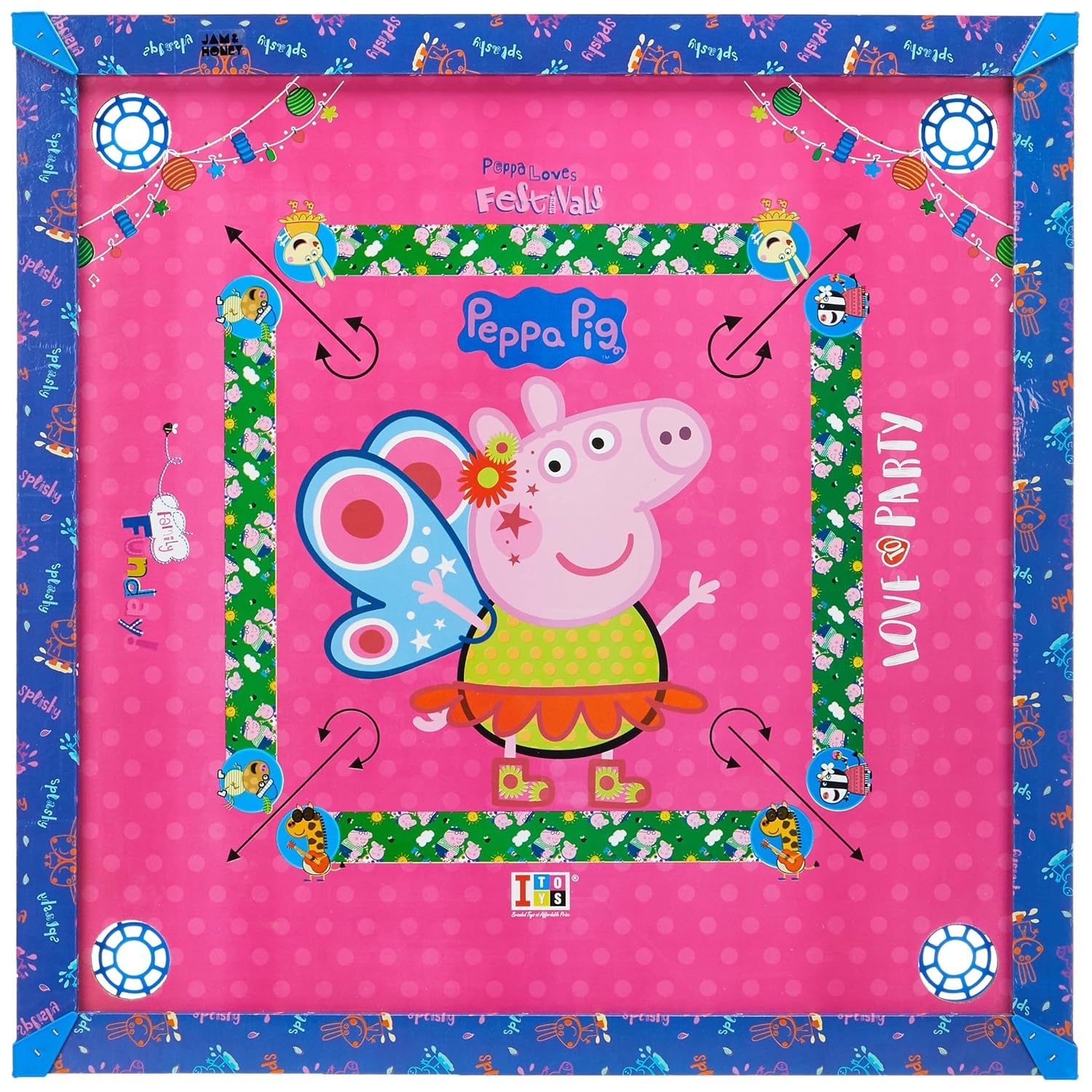 Amazon Brand - Jam & Honey Peppa Pig Carrom Board Game 4+ Years, 26x26 Inch Wooden Set with Coins & Striker, 3-in-1 Ludo & Snake and Ladder Board, Indoor Family Game, BIS Certified, Multicolour