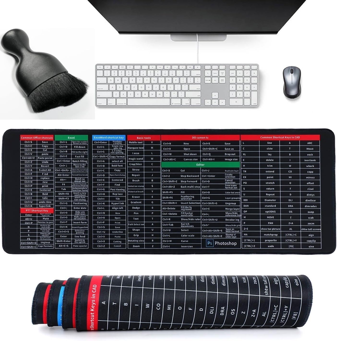 DC Anti-Slip Keyboard Pad with Office Software Excel Shortcuts Mousepad, Clear Extended Large Cheat Sheet Mouse Pad, Keyboard Mouse Pad for Office & Home(Keyboard Cleaner Brsh)80x30cm