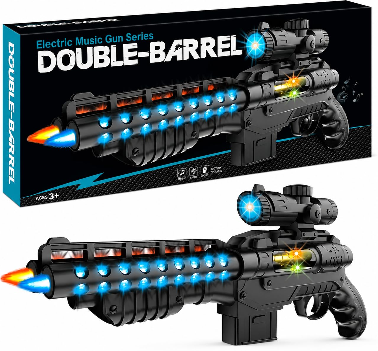 Double Barrel Electric Toy Gun with Light Sound & Music | Battery Operated Action Blaster Toy for Kids Indoor Outdoor Play
