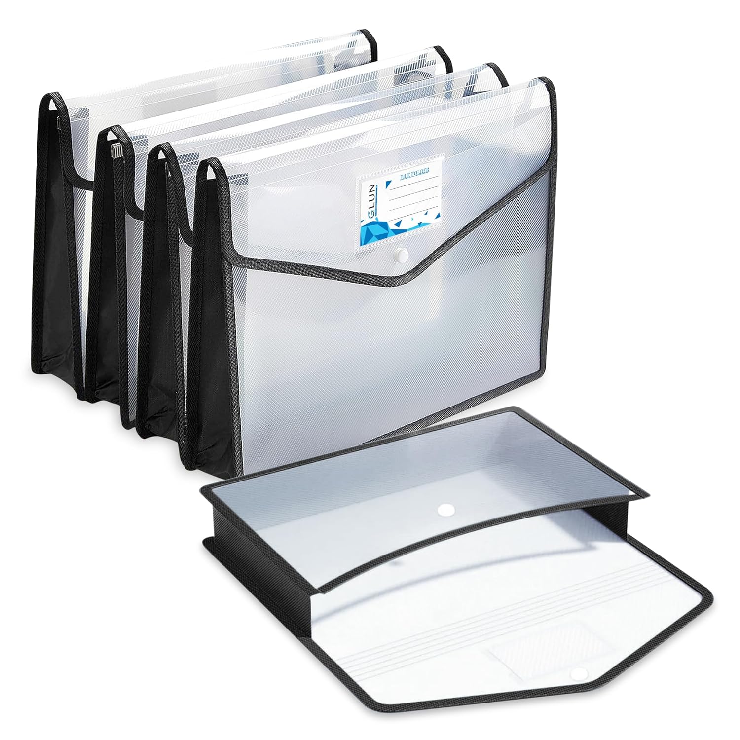 GLUN® A4 Transparent Document File Folders with Button Closure – Set of 5 File Folders, Waterproof Plastic Paper Organizer for Office, School, Bills & Certificates (Black)