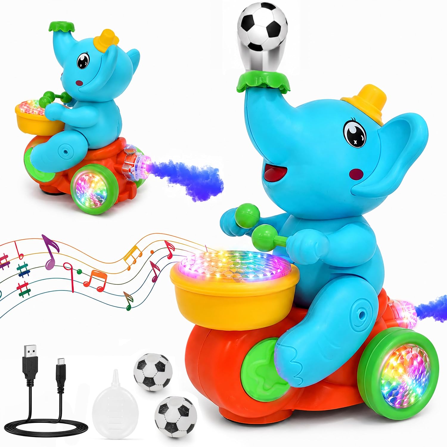 Gooyo USB Rechargeable Drummer & Dancing Cute Elephant Toy for Kids with Smoke Effect, Blowing Ball Fun Feature, Flashing LED Lights & Music, Bump & Go Action, Gift Box Packaging