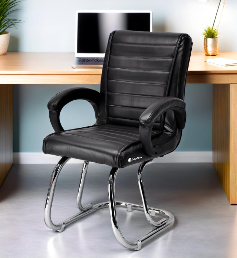 GOYALSON Home Exclusive Visitor Study Reception Chair with Arm Rest and Heavy Frame with Cushioned Seat Back (1, Black, Double Pipe Chrome Frame)
