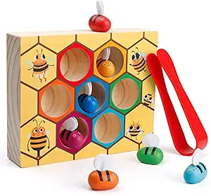 HAPPY HUES® Sorting & Stacking Toy- Skills Enhancement Motor Skill Toys for Toddlers/Kid -Magnetic- Capture The Worms Toys | Early Educational-Montessori Toy (Beehive)