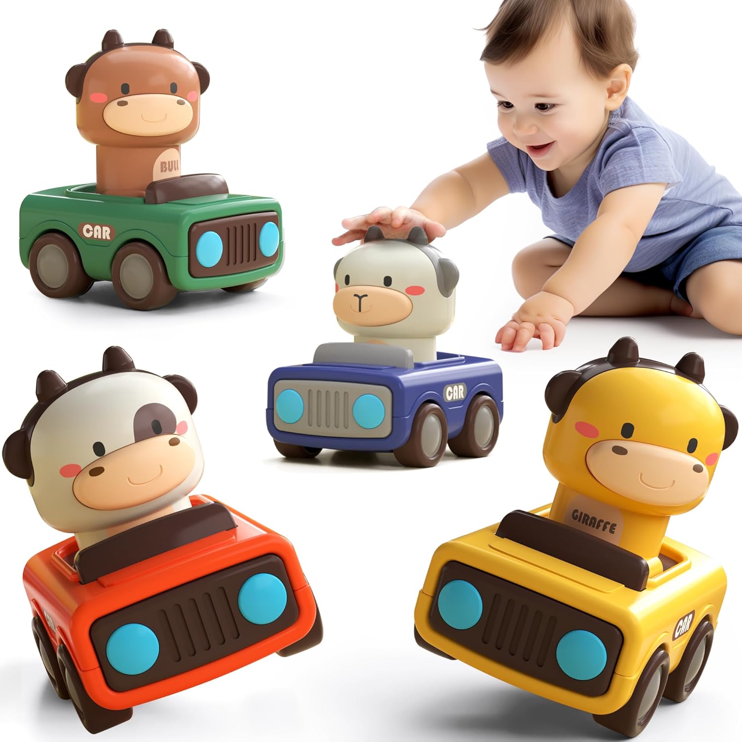 iPlay, iLearn Press to Go Car Toys for Toddlers,Baby Animal Racing Cars,Infant Play Vehicle Set,Baby Push Go Friction Car Toys for 6-9-12-18 Months,1st Birthday Gifts for 1-2 Years Old Boys,Multicolor