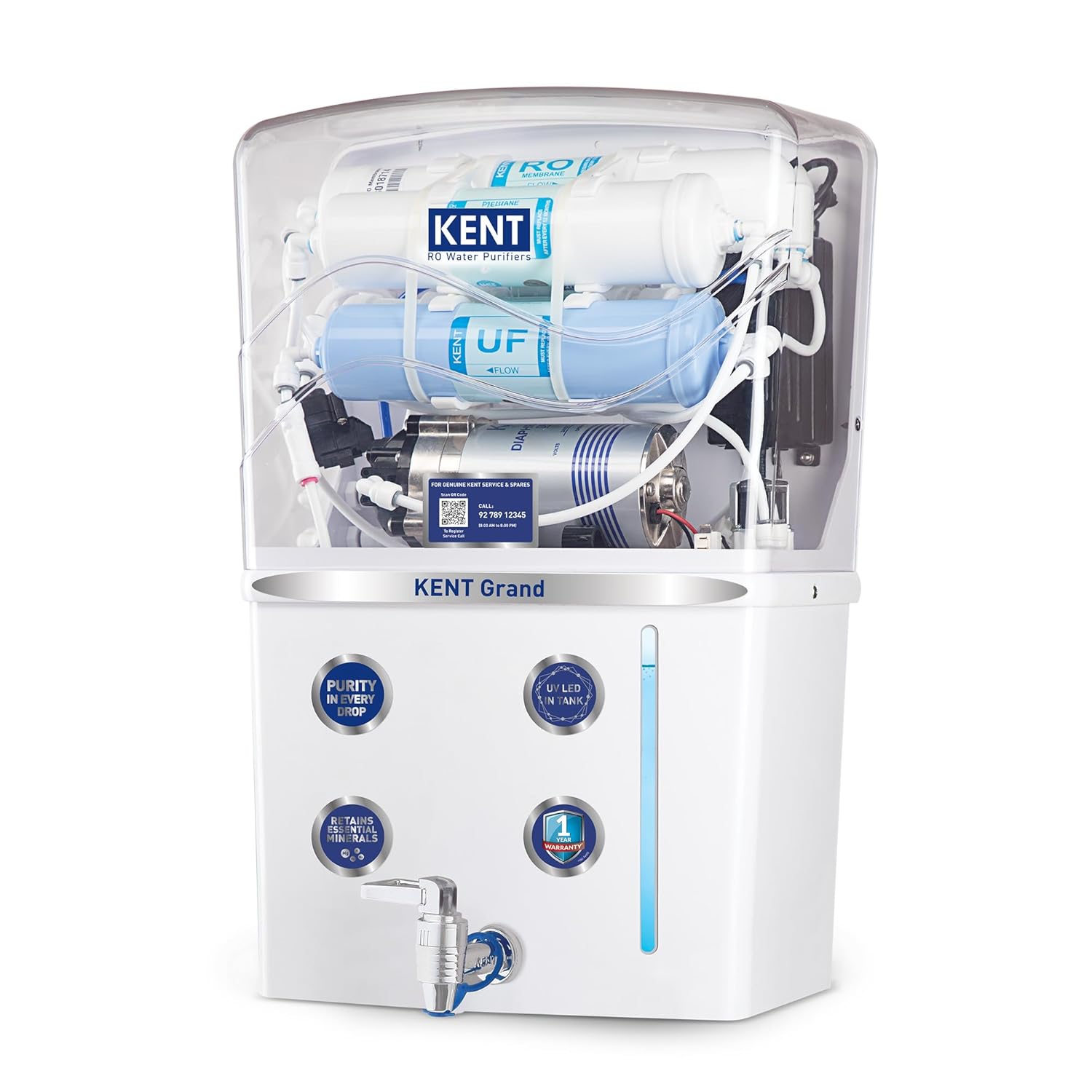 KENT Grand RO Water Purifier | Advanced RO Tech for Sabse Shudh Paani | RO+UF+TDS Control + UV LED Tank | 8L | 20LPH Flow | Ideal for Borewell/Tanker/Municipal Water | Largest Service Network