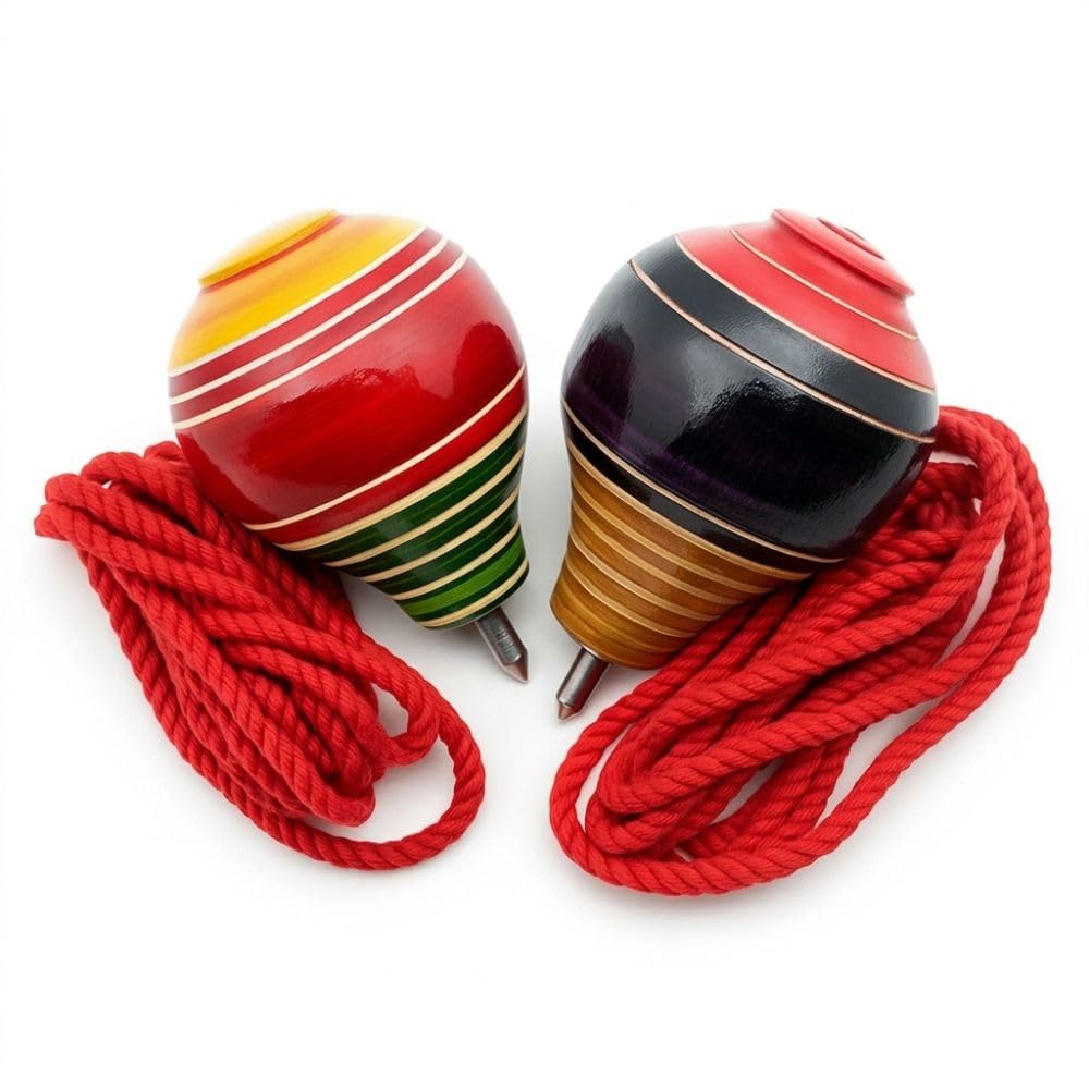 Neotea Wooden Spinning Top Toy (Lattoo/Bambaram/Bongaram/Buguri) with Thread | Traditional Indian Toy for Kids & Adults | Handcrafted Wooden Outdoor Game | Multicolor | Pack of 2
