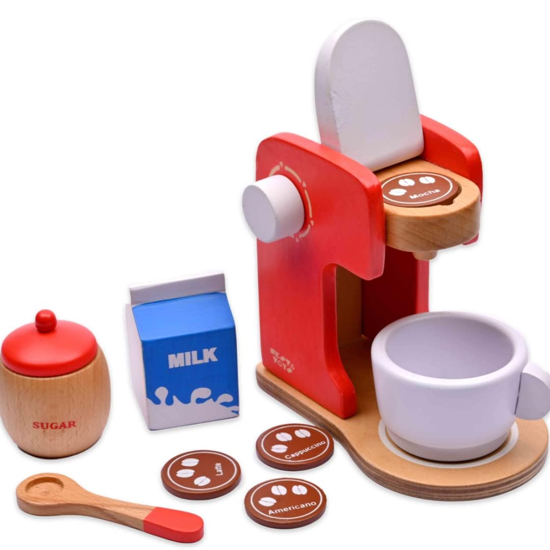 NESTA TOYS Wooden Coffee Machine Toy (Red) | Pretend Play Kitchen Set | Clamp, Sugar Pot, Cup & Coffee Beans | Non-Toxic Safe Wood | Diwali, Birthday & Festive Gift for Boys & Girls Ages 3+
