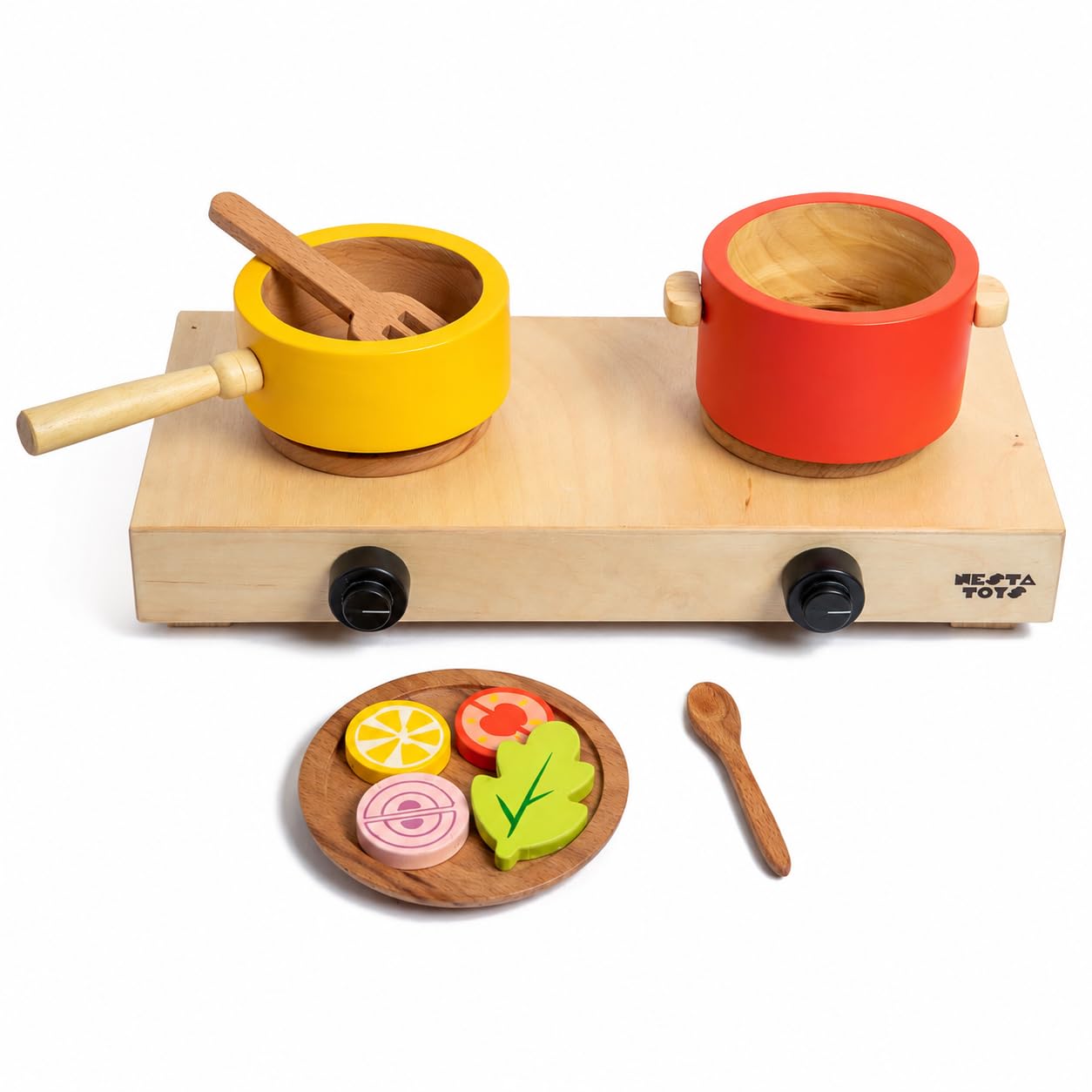 NESTA TOYS Wooden Gas Stove & Cooking Set Toy (10 Pcs) | Pine & Beech Wood | 2-Burner Stove, Frying Pan, Pot, Plate & Cut Vegetables | Non-Toxic | Birthday & Diwali Gift for Ages 3+