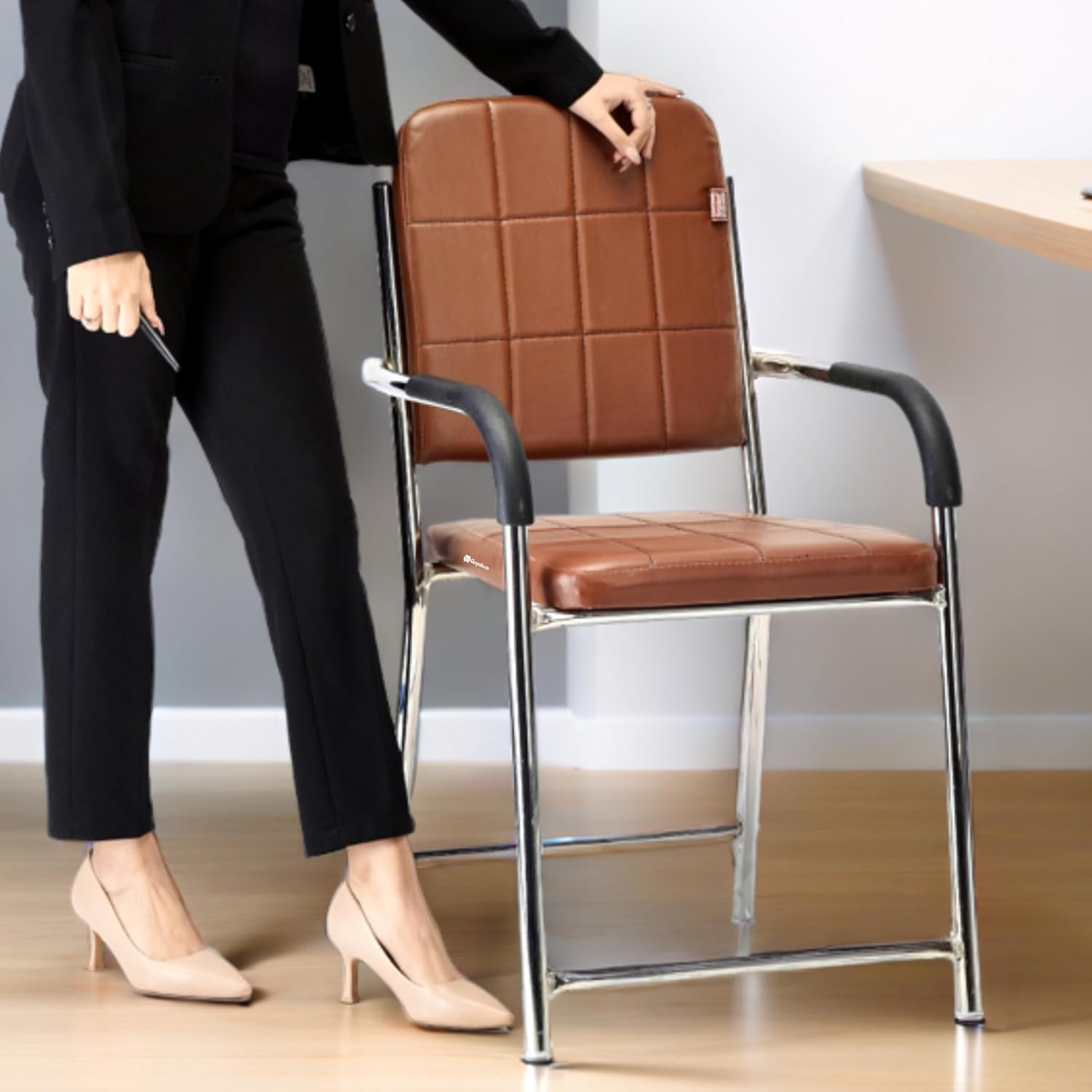 Office Chair Office Visitor Chair with arm Rest with Steel Frame and Cushioned seat Back, Chair Without Wheels (1, Brown, Standard)