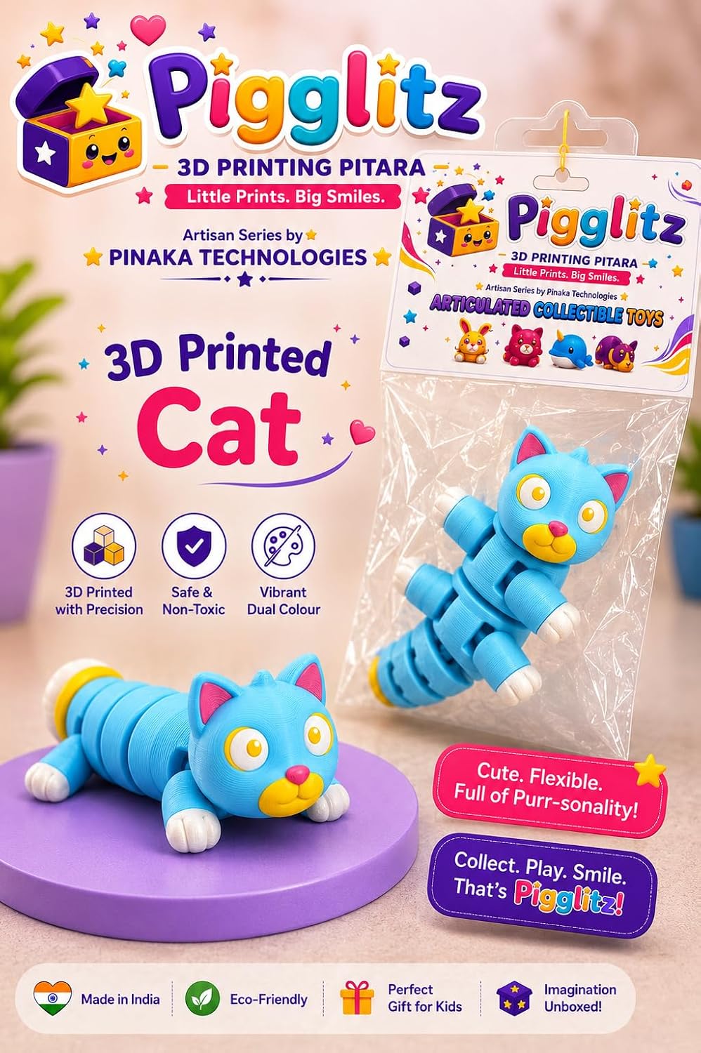 Pigglitz 3D Printed Cat Articulated Collectible Toy Figurine, Yellow, PLA Plastic, Matte Finish, Small, Animals Theme (Blue)