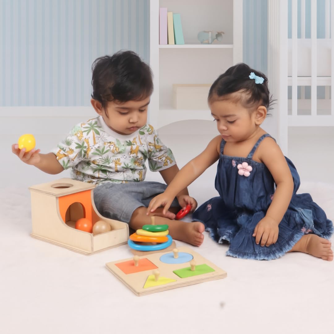 Problem Solving Kit for Babies 6 Months to 1 and 2 Years | Object Permanence Box, Wooden Ring Stacker & 4-Shape Puzzle | Learning Toys for Cognitive, Motor Skills, & Tactile Exploration