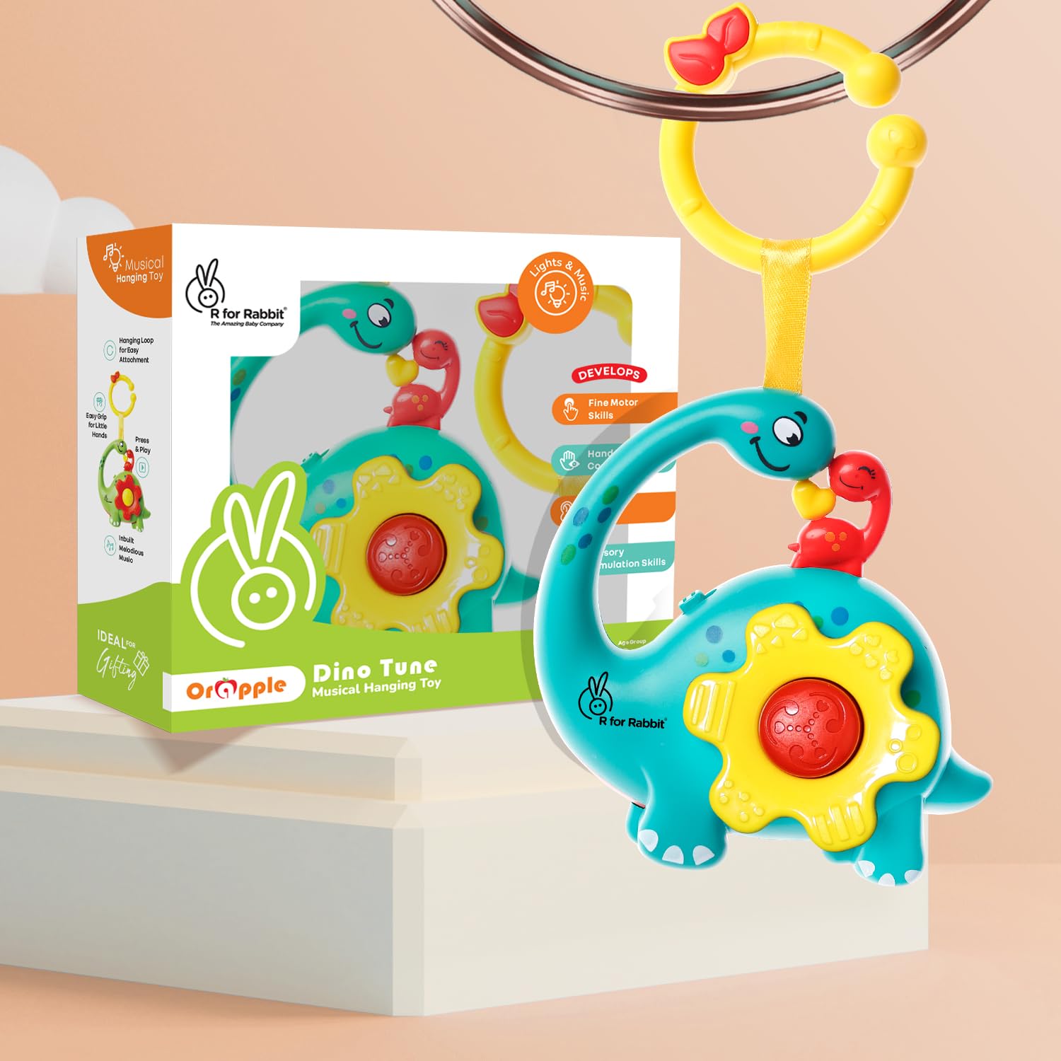 R for Rabbit Orapple Dino Tune Musical Hanging Toy for Baby with 4 Built-in Tunes, Press & Play Mode, Attachable to Stroller, Cradle & Play Gym | Motor Skill Development 3+ Months Kids (Blue Yellow)