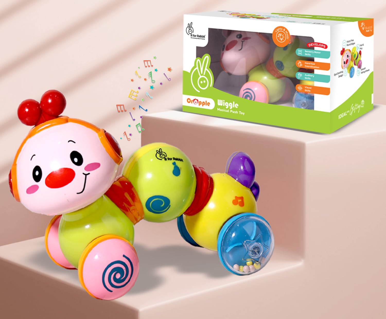 R for Rabbit Orapple Wiggle Push and Play Cute Rotating Head Mini Crawling Caterpillar Toy for 1+ Year Kids with Music & Light | Non-Toxic BPA Free Baby Skills Development Musical Toys (Yellow Multi)