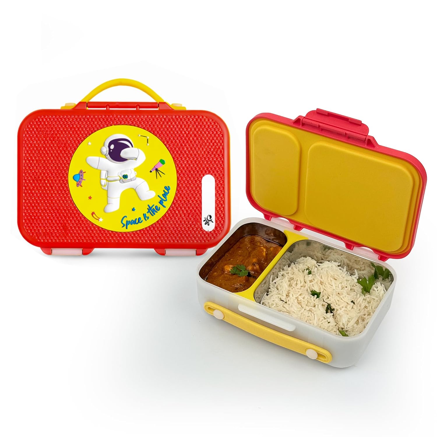 rabitat Munchbee Pro Stainless Steel Kids Lunch Box 850ml- Food-Grade Steel Bento Tiffin | 2-Year Brand Warranty | Spill-Proof Flick-Lock | 3 Compartments, BPA-Free, School-Safe | Shyguy