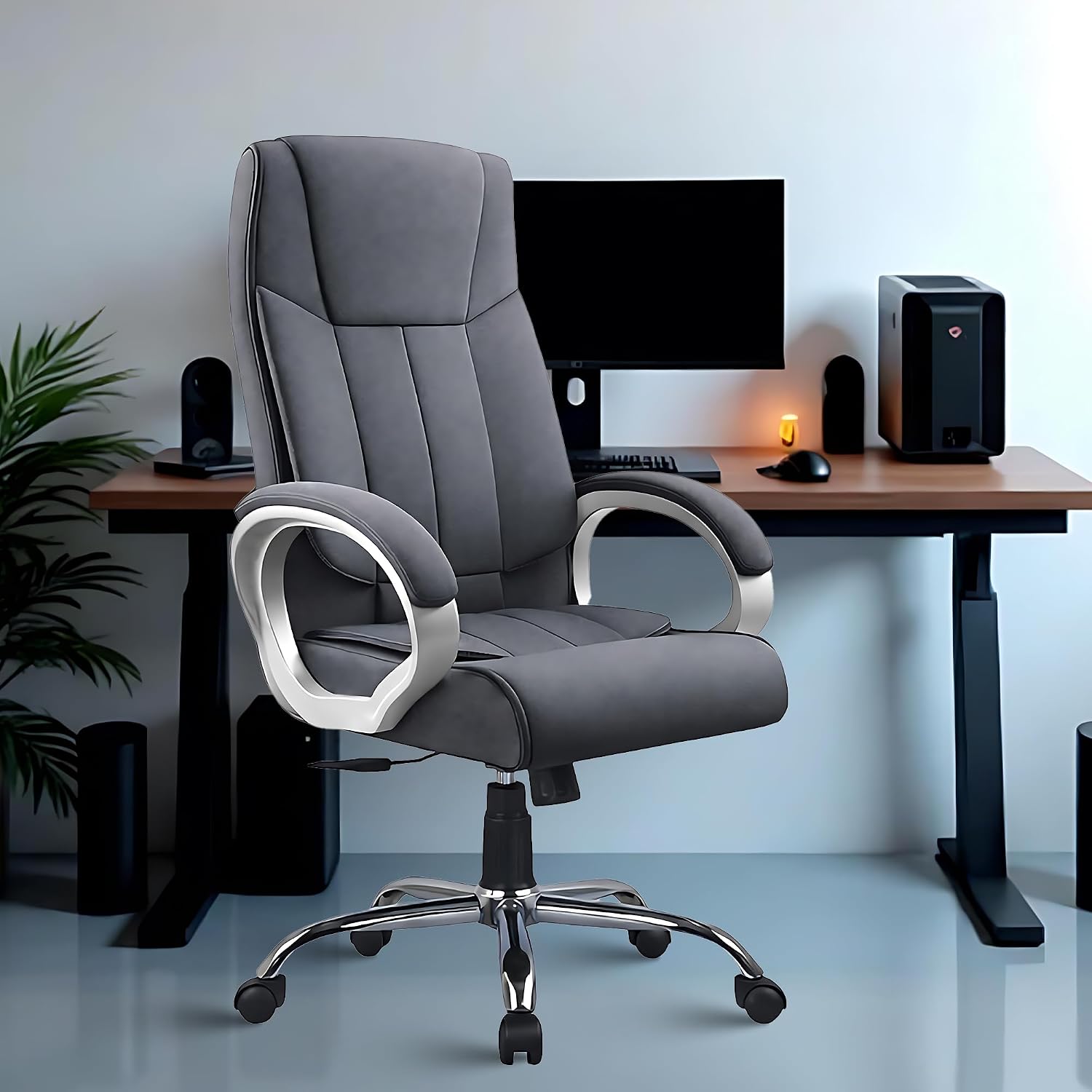 ROSE® Kyoto Orthopedic Boss Chair with 3 Years Brand Warranty, Ergonomic Executive Chair Seat, Metallic Base | High Back (Grey, Fabric)