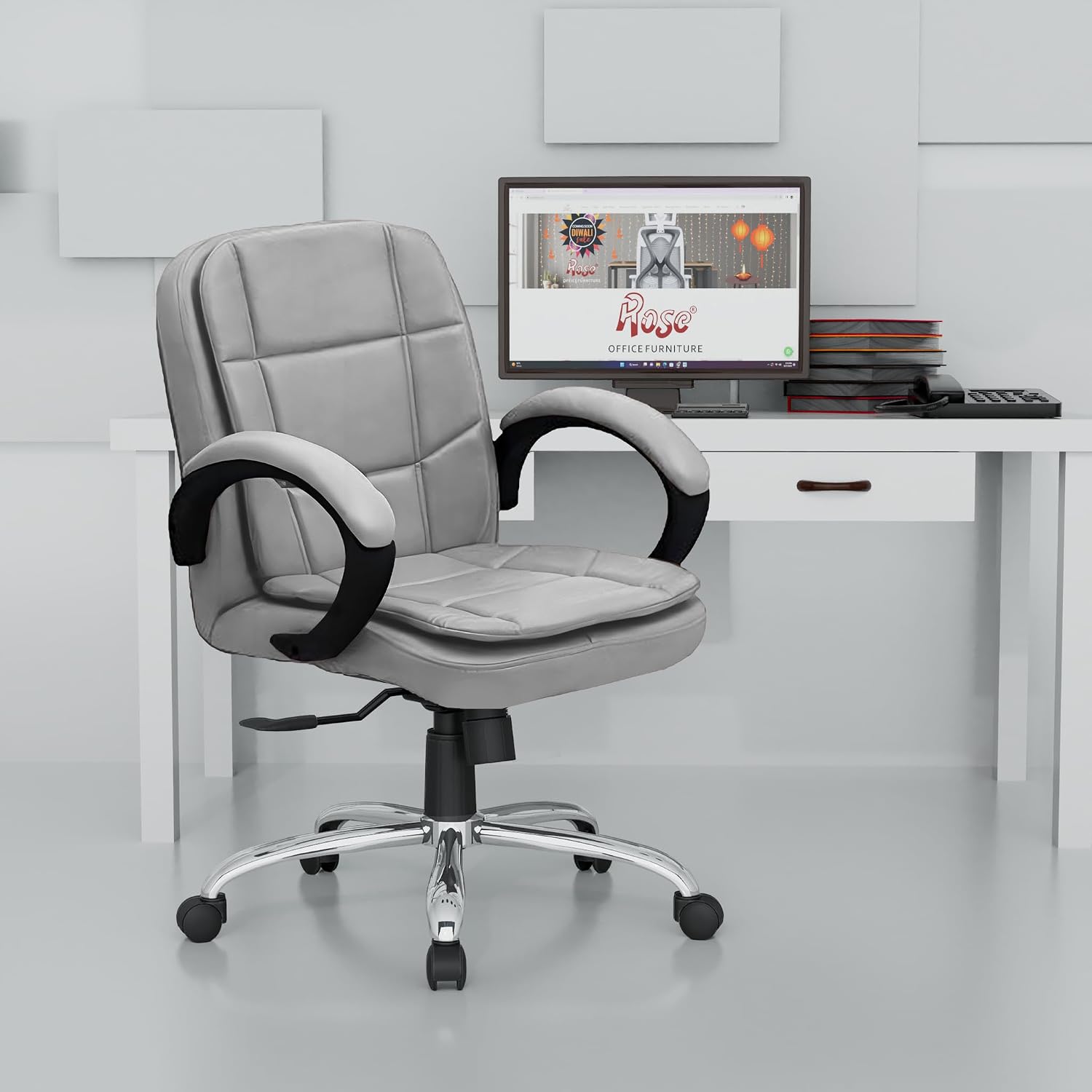 ROSE® Oliveya Leatherette Executive Mid Back Revolving Office Chair with Integrated Lumbar Support, Comfortable Leather Seating for Manager, Desk, and Work Use, 1 Year Warranty (Slate Grey)