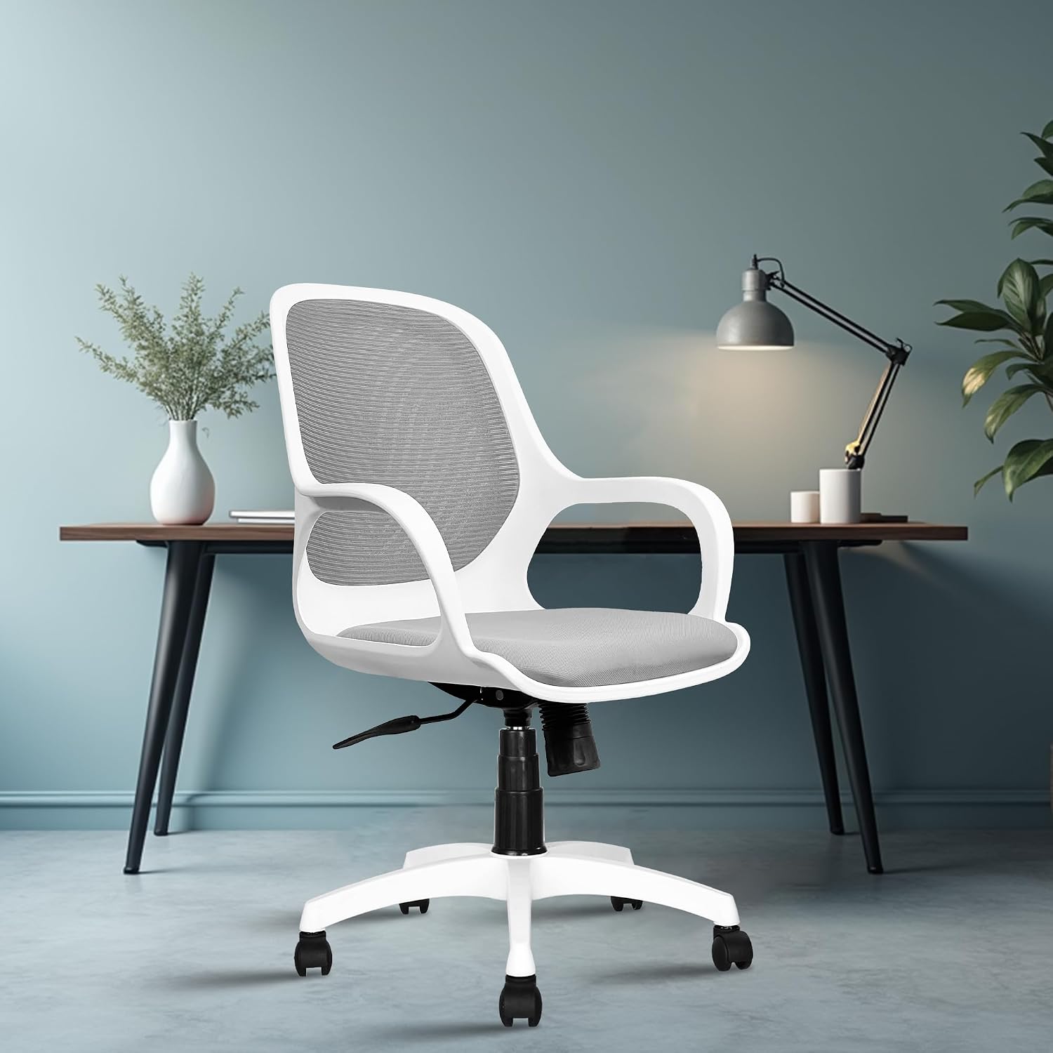 ROSE® Zaria | 3 Years Brand Warranty | Ergonomic mesh mid-Back Office Chair, Perfect for Study, Work from Home, revolving, Rolling Computer Desk Chair (White & Grey, Revolving)