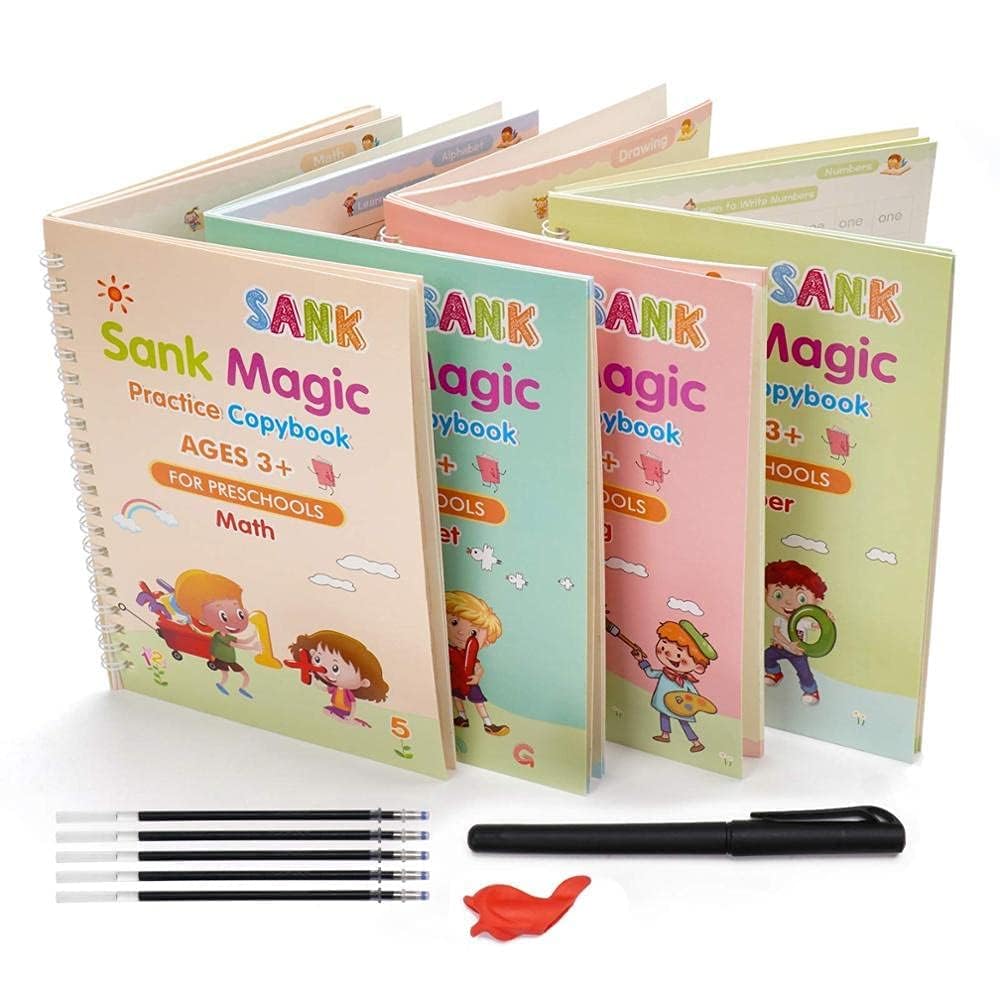 Sank Magic Practice Copybook, (4 BOOK + 10 REFILL+ 1 Pen +1 Grip) Number Tracing Book for Preschoolers with Pen, Magic Calligraphy Copybook Set Practical Reusable Writing Tool Simple Hand Lettering