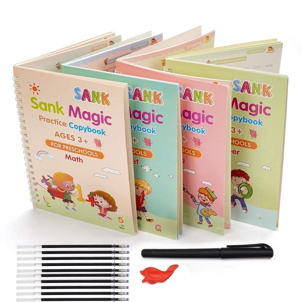 SHNMN Sank Magic Practice Copybook, (4 BOOK +1 PEN + 10 REFILL) Number Tracing Book for Preschoolers with Pen, Magic calligraphy books for kids Reusable Writing Tool