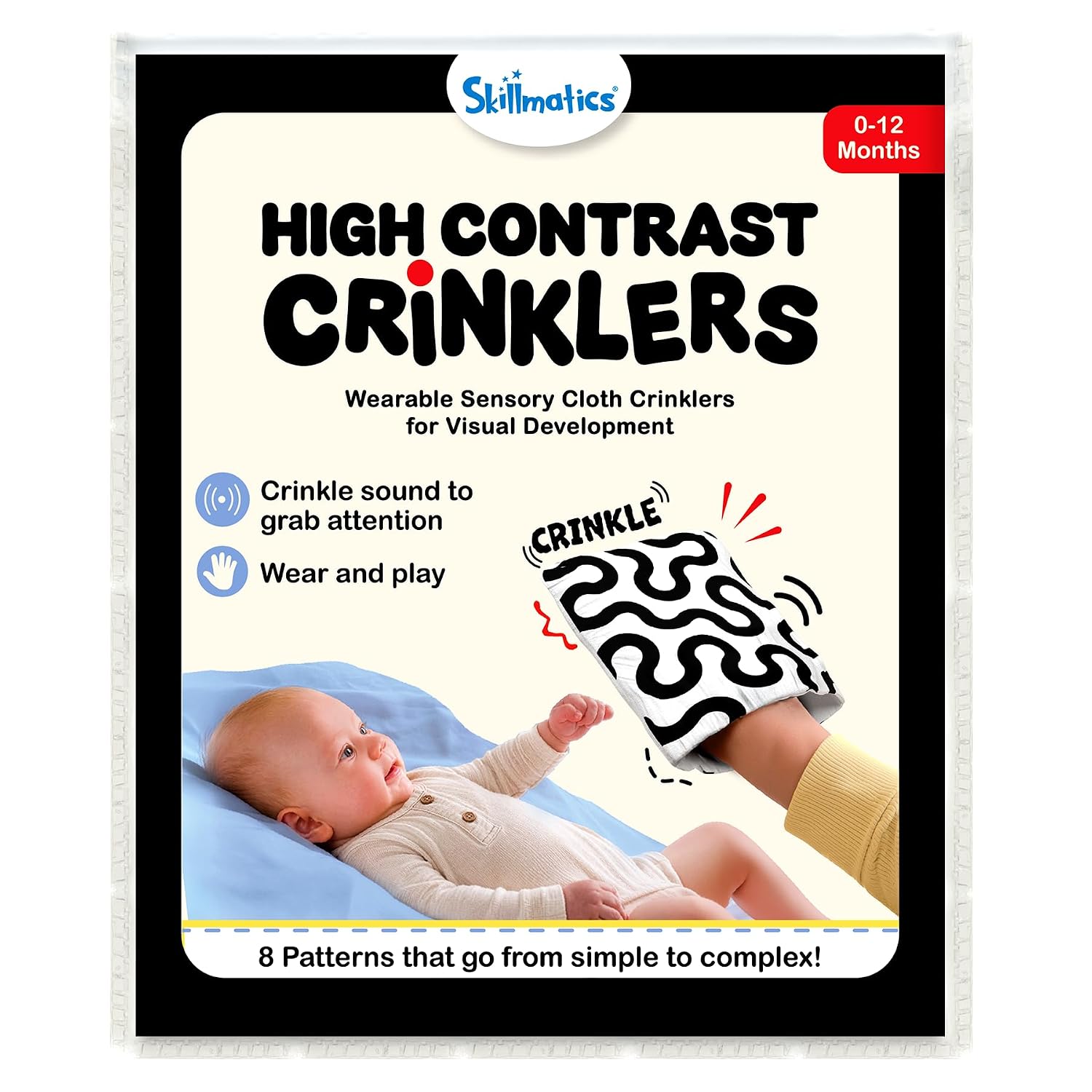 Skillmatics High Contrast Crinklers – Black & White Sensory Cloths for Baby