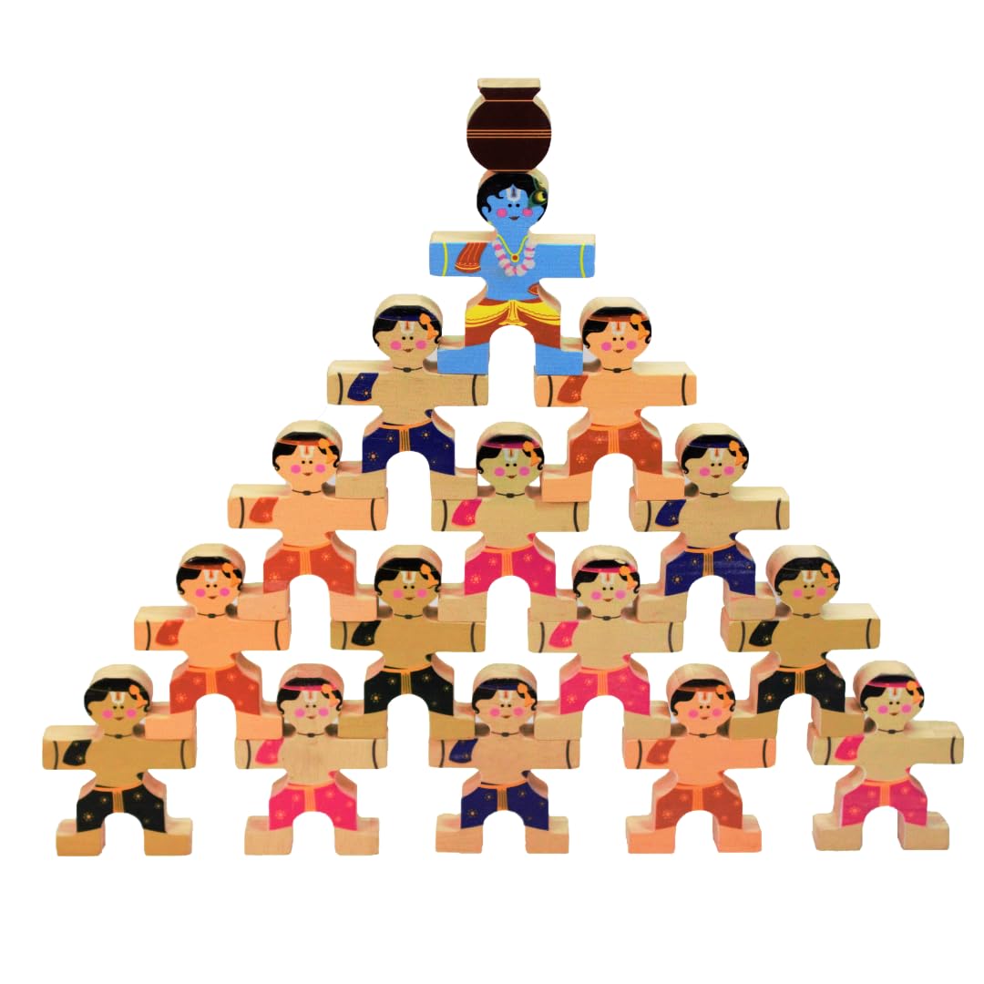 Taali Makhan Chor - Wooden Figurine Stacking Toy | 16 Wooden Pieces | Lord Krishna's Makhan Chor | Promotes Critical Thinking & Creativity | Early Learning Educational Game
