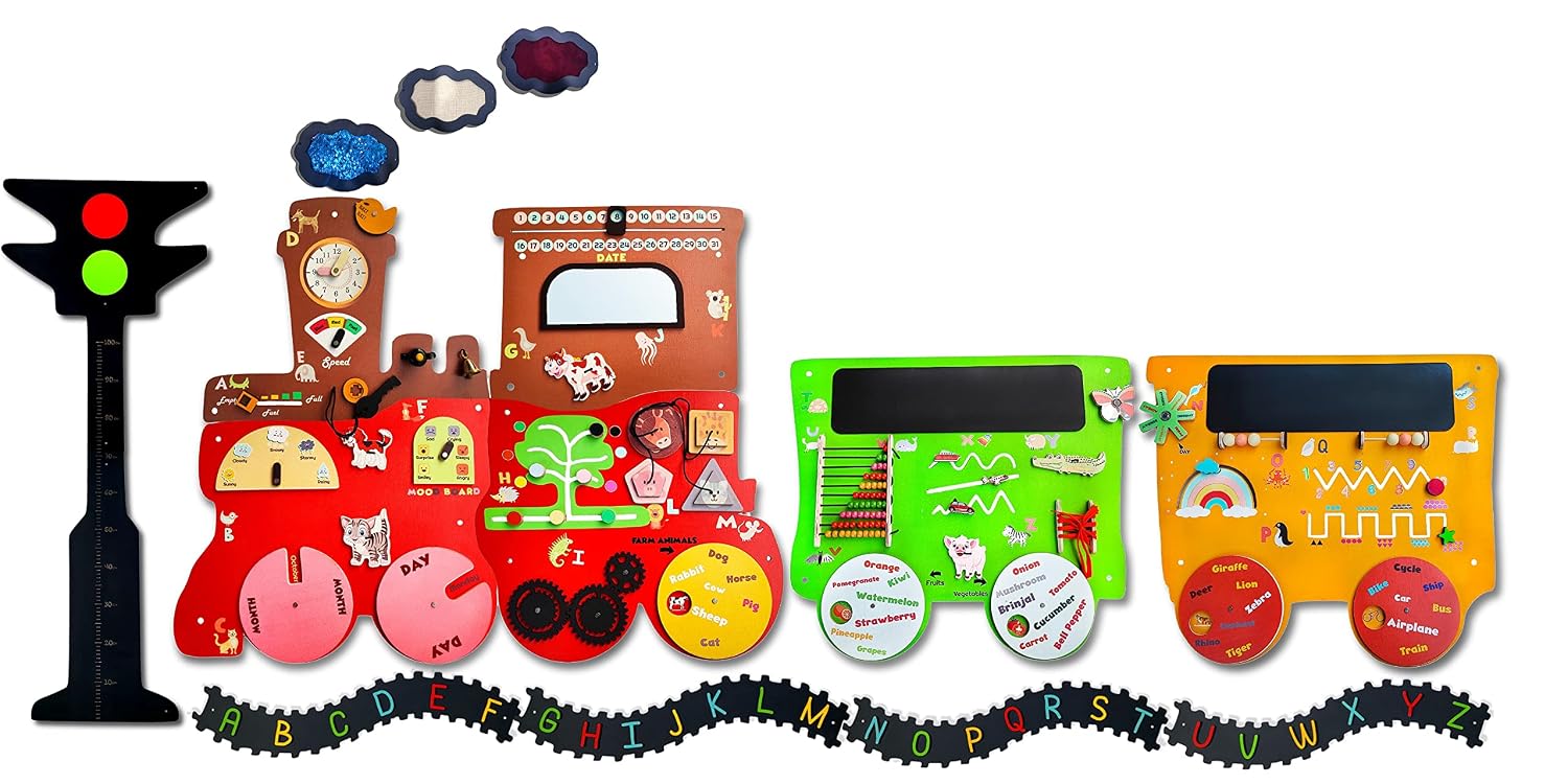 The Funny Mind Birch Wooden Talking Train, 2 Different Activity Coach, Height Measure Signal, and Alphabets Track Wall Activities Early Learning Wall Mount Play Set for Kids, Child, Babies, Toddlers
