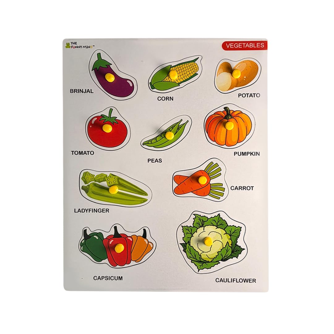 The Funny Mind™ Vegetables Wooden Knob Puzzle Board, Educational Toy for Toddlers, 10 Pieces