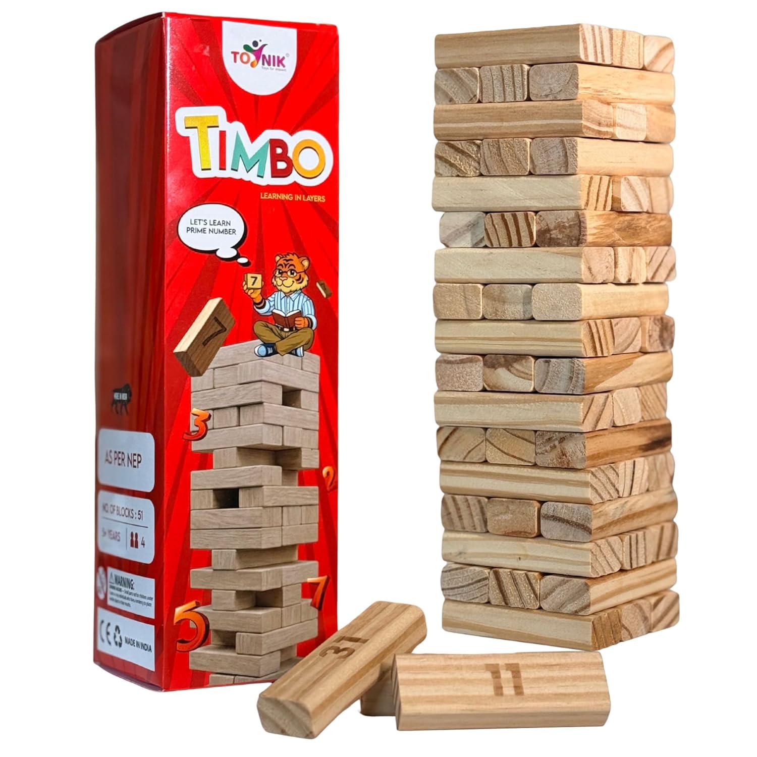 TIMBO Wooden Stacking Tower Game for Kids, Educational Prime Number Learning Toy, STEM Math Game,Screen-Free Activity, Montessori Learning, Wooden Blocks Game for Boys & Girls, 5+ Years