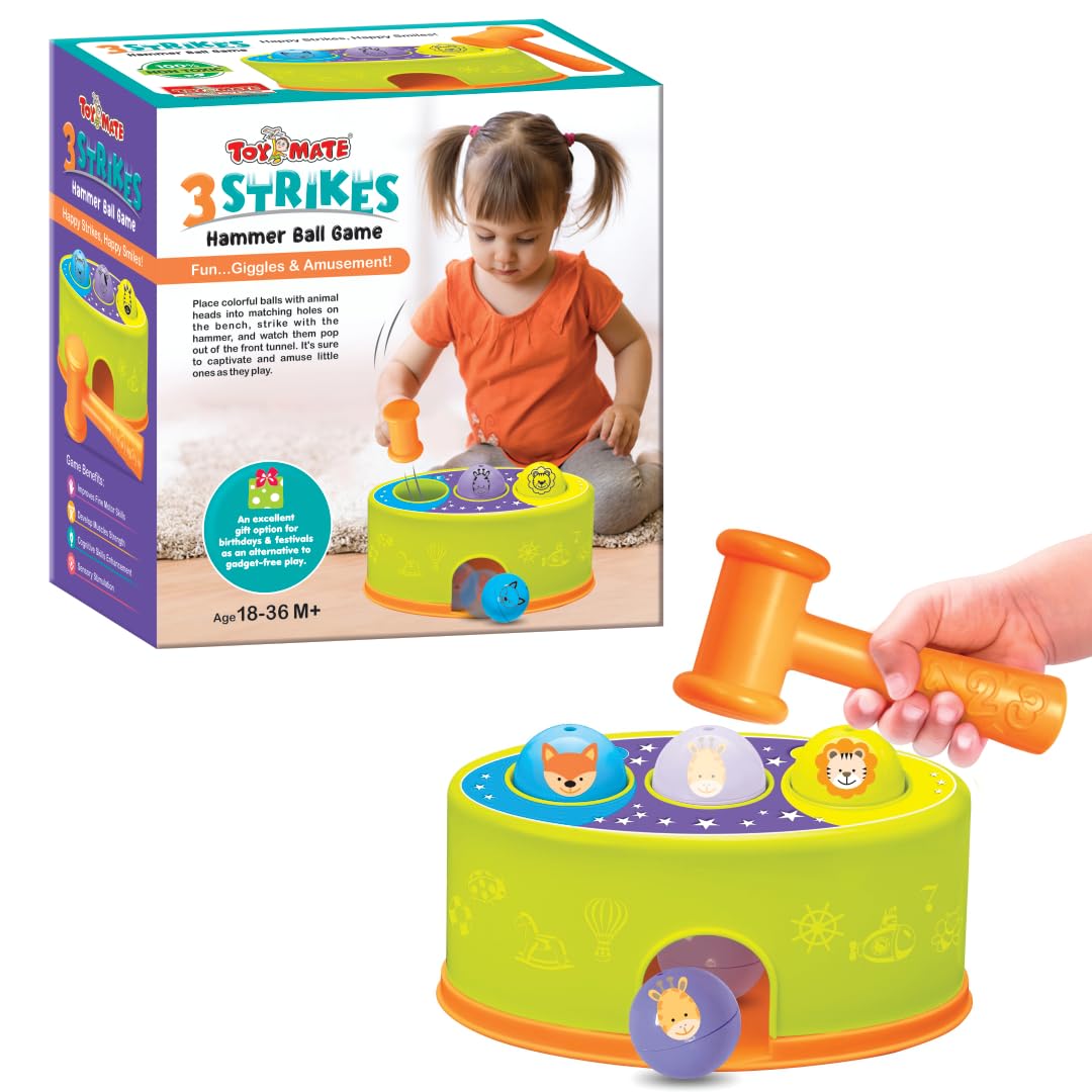 Toymate 3 Strikes - A Hammer Ball Toy For Kids Hammer Ball Knock Pounding Bench With Box Case Fine Motor And Dexterity Skills Early Educational Toy Set For Kids 3+ Years - Multicolor