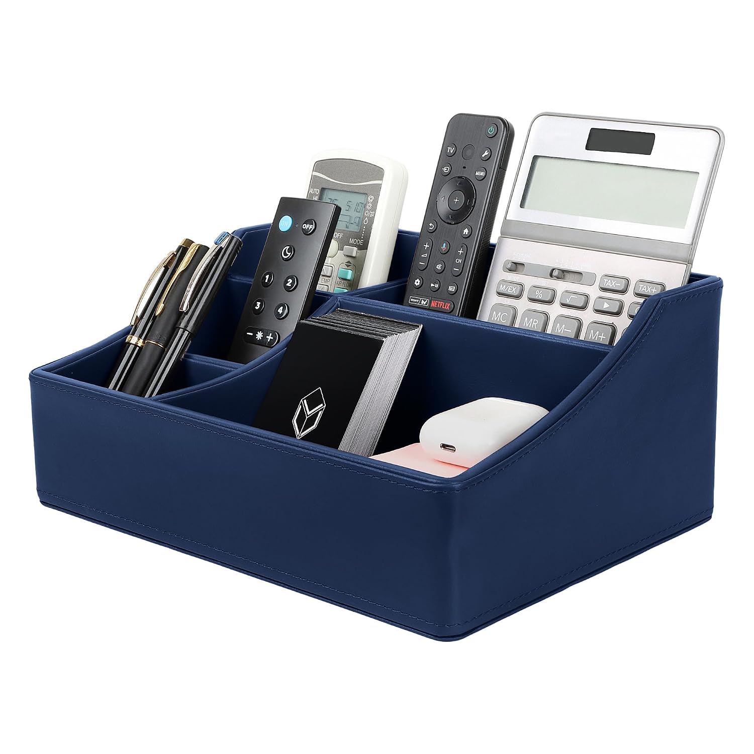 V-CUBE DESIGNS Premium Vegan Leather Desk Organizer |5 Storage Compartments |Multi-Functional Accessory/Stationery Holder for Office, Study Table & Home |Pen/Pencil Stand for Student |MDF Core | Blue