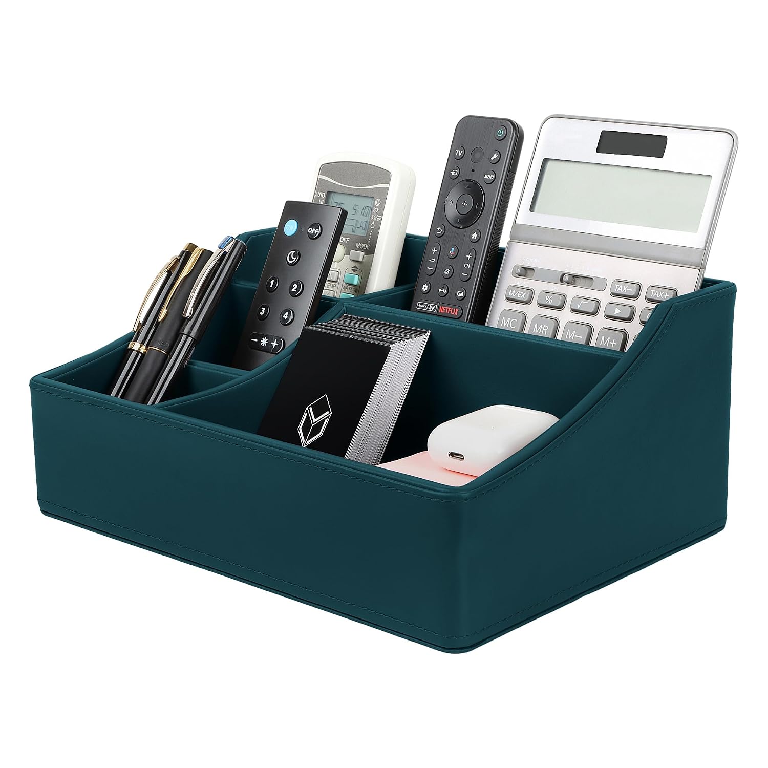 V-CUBE DESIGNS Premium Vegan Leather Desk Organizer |5 Storage Compartments |Multi-Functional Accessory/Stationery Holder for Office, Study Table & Home |Pen/Pencil Stand for Student |MDF Core | Teal