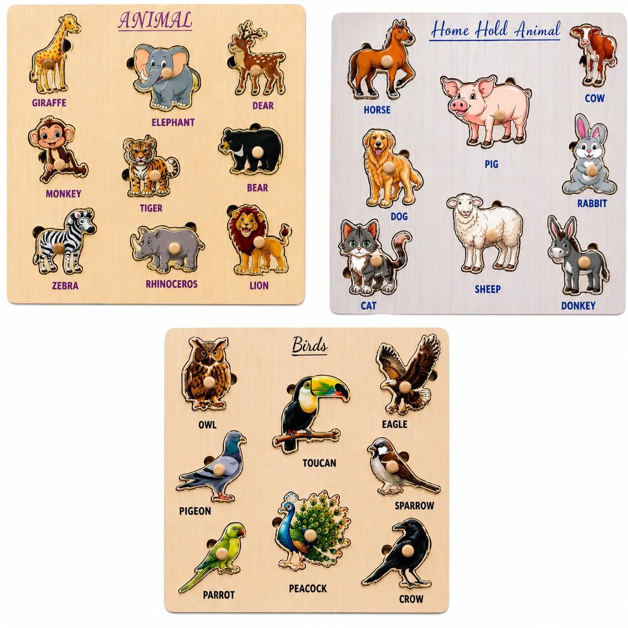 Wooden Animal & Birds Puzzle Board for Kids | 27 Piece Learning Peg Set Educational Montessori Toy Toddlers 2+ Years 3-in-1 Wild Animals, Domestic Animals Early Education Matching PAKE of 3