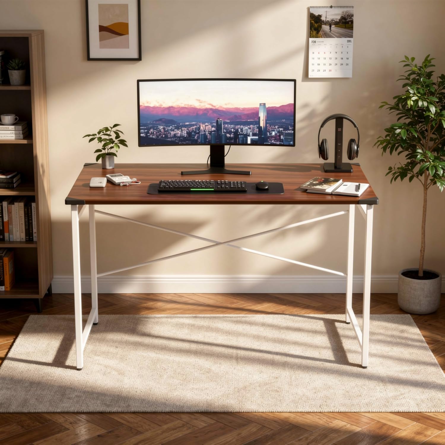 wow craft Study Table for Home & Office | Computer Desk with White Metal Frame & Engineered Wood Top | Saving Work from Home Office | Brown Top with White Legs | DIY (91x60x77 cm / 36x24x30 Inch)