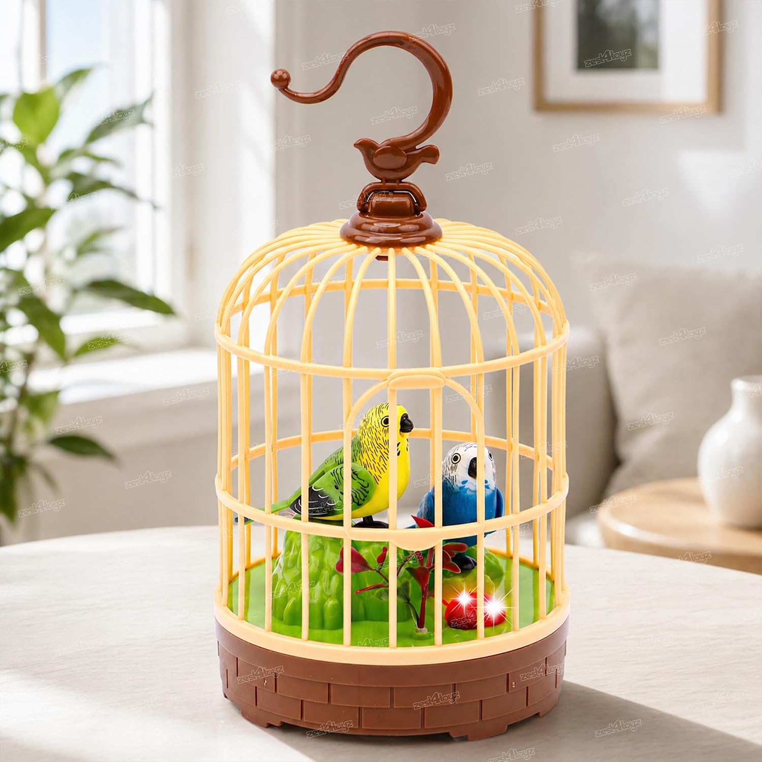 Zest 4 Toyz Beautiful Bird Pet Toy in Hanging Cage for Kids with Repeated Voice Music Clap Activation Light Effects Rotating Hanging Hook Moving Chirping for Home Décor & Living Room - (Multicolor)